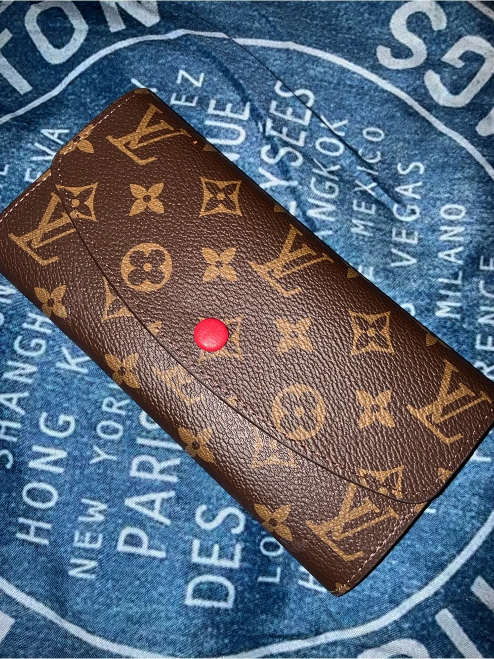 Louis Vuitton Brown Monogram Wallet with Red Snap Button
